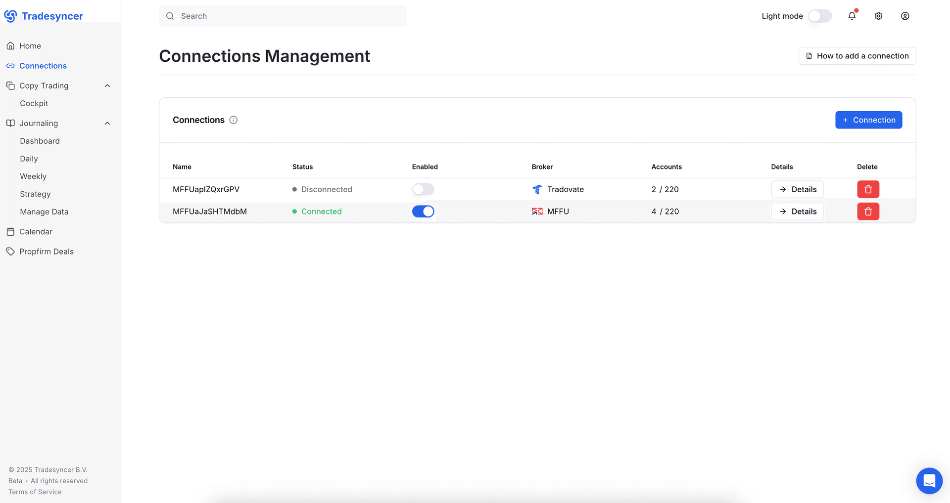 Multi-broker connection interface showing supported trading platforms